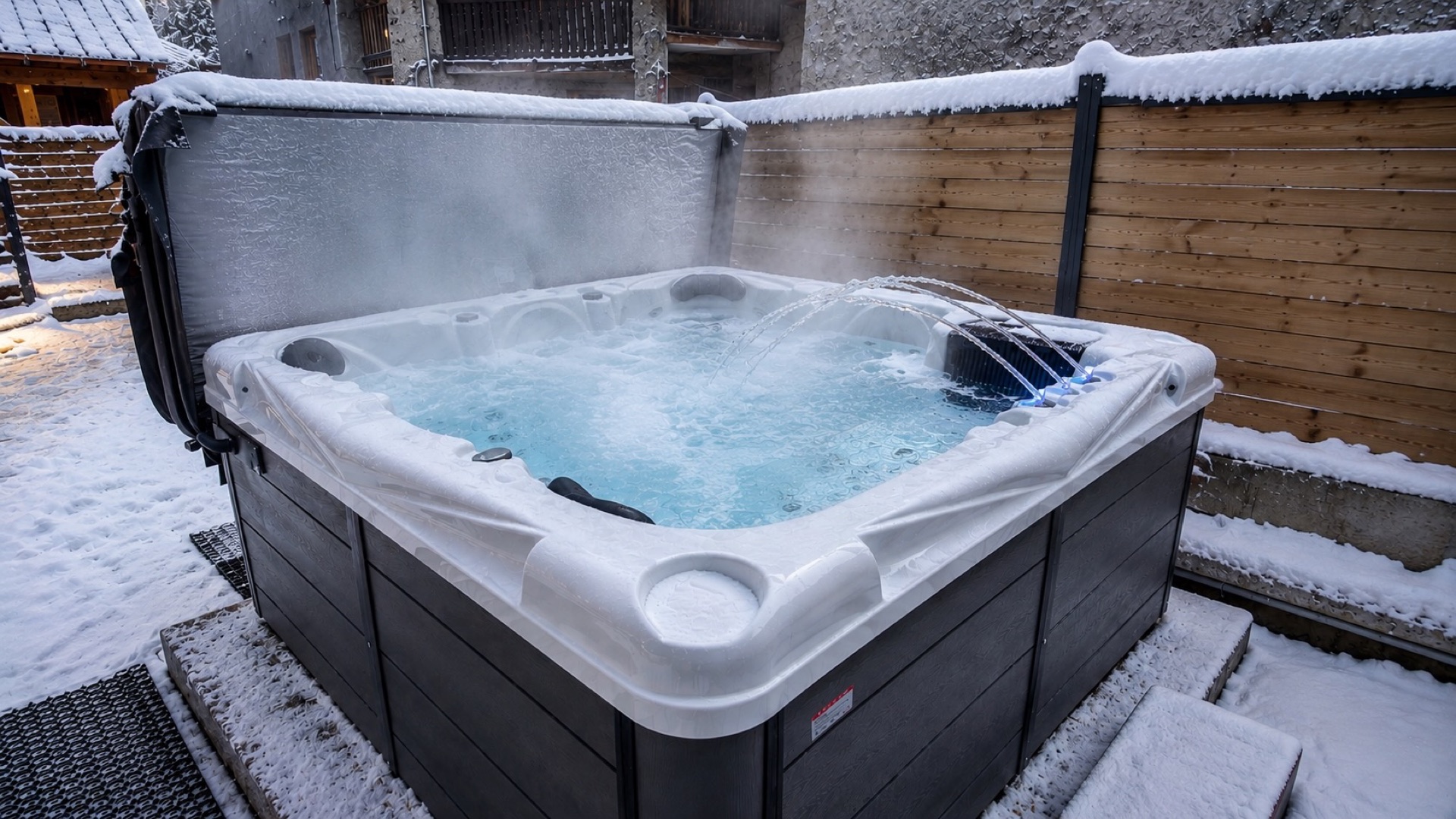 Jacuzzi extérieur fumant sous la neige en hiver - Chalet La Chappaz Montorlin Paradiski